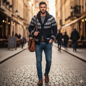 GAP Men's Dark Blue Geometric Cardigan